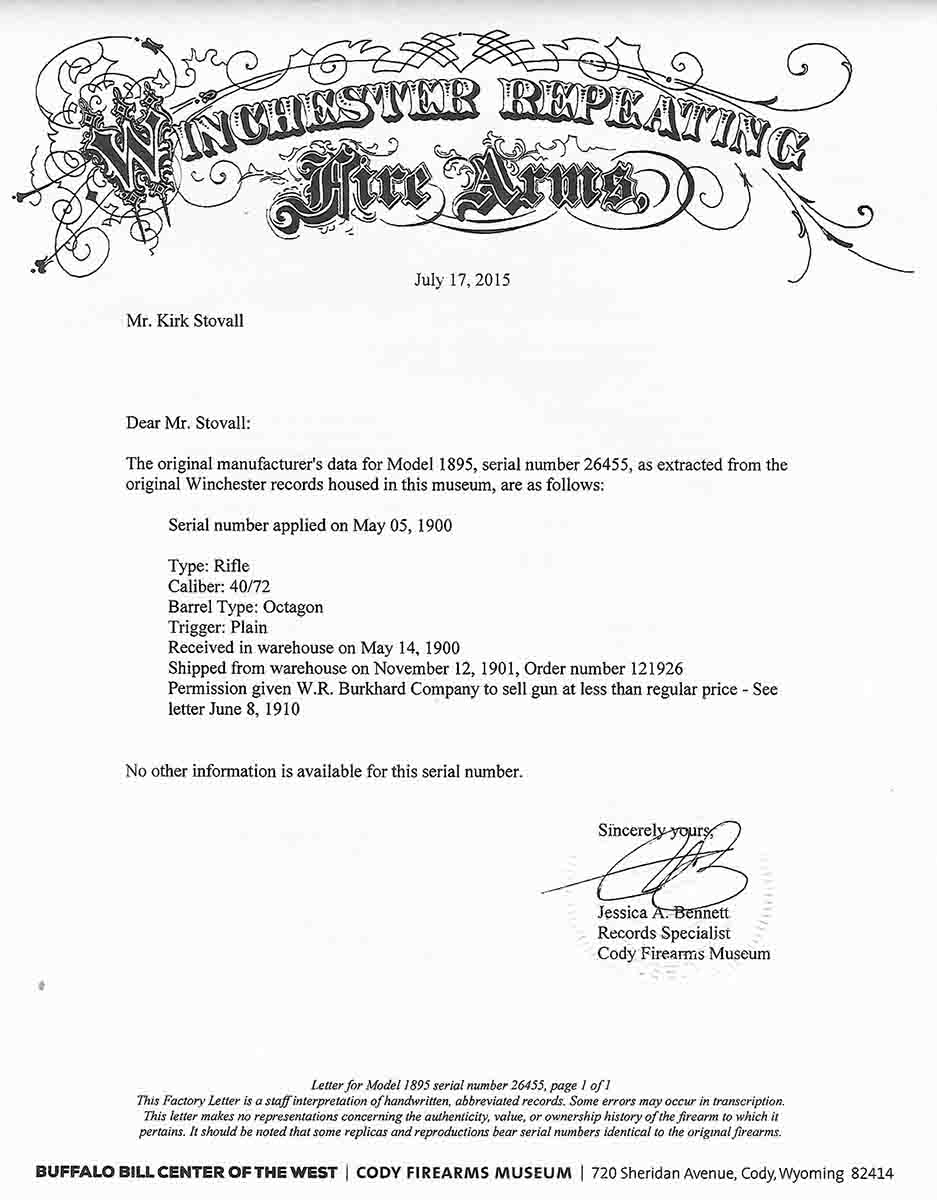 A factory letter for a Winchester Model 1895 .40-72 revealed that the dealer requested permission from the company to lower its retail price.